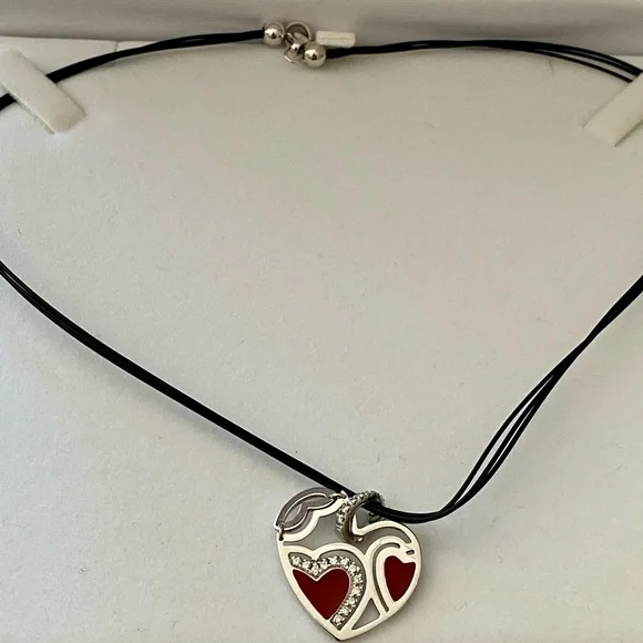 Robert Coin Red Enamel 18k White Gold Diamond & Ruby Heart Pendant.18tw. 15.5”